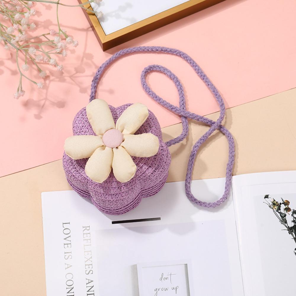 Cute Handmade Kids Straw Bag Flower Shape Woven Crossbody Bag Summer Beach Bag for Children Girls