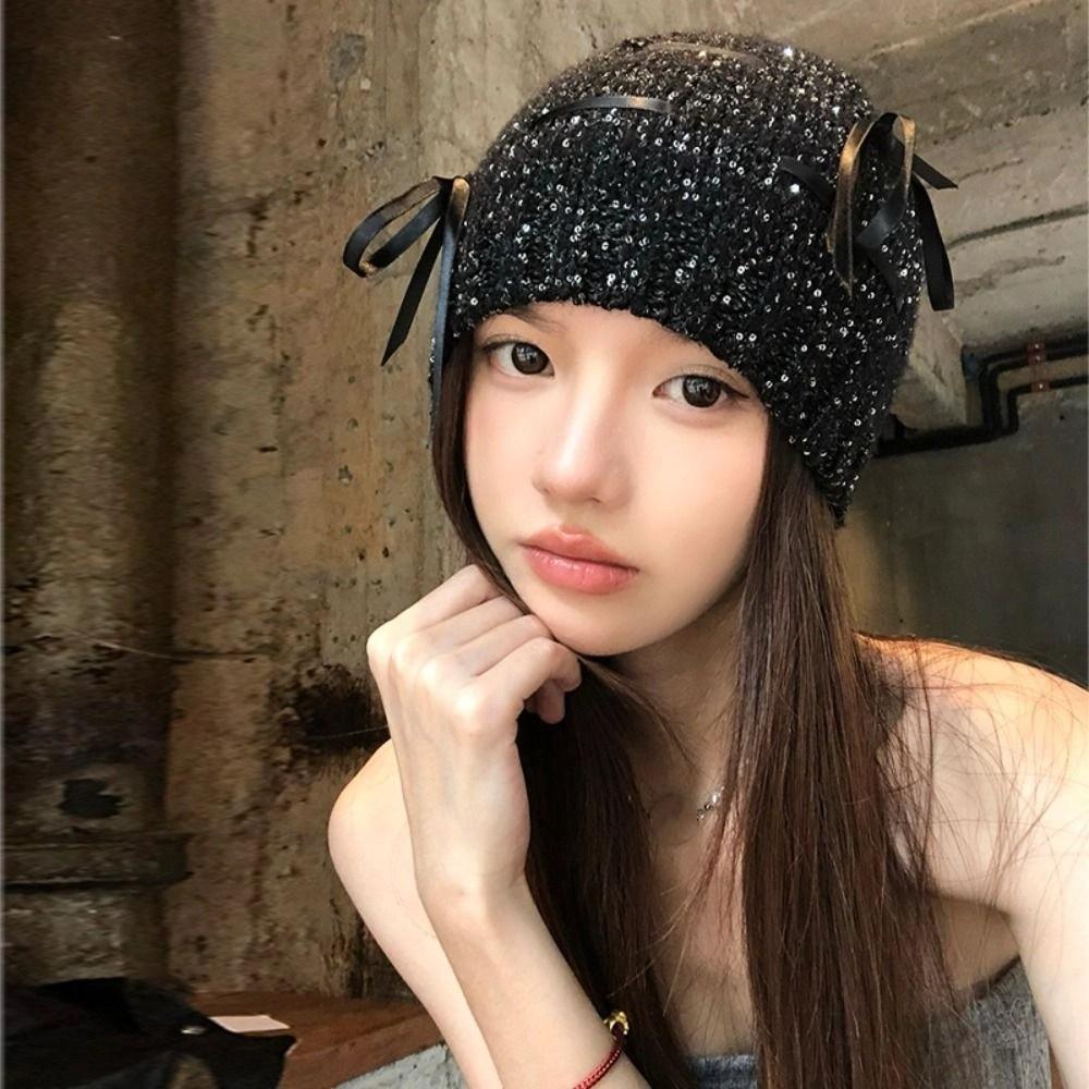 Vintage Beanie Hat Bowknot Woven Cap Fashion Sequin Knitted Hat Autumn