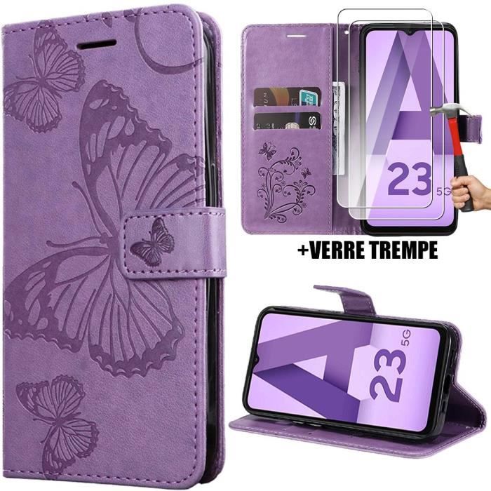 Coque et Verres Trempés - BOOLING - pour Samsung Galaxy A23 5G - Protection Antichoc - Cuir Synthétique - Motif Papillon