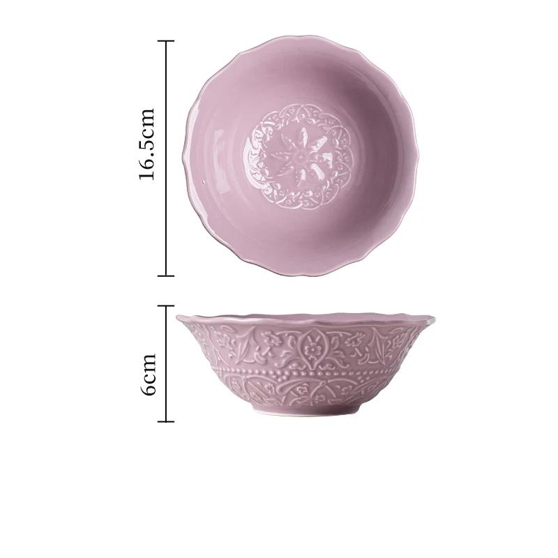 Высококачественные керамические тарелки во французском стиле, модные рельефные фиолетовые обеденные тарелки, бытовые суповые миски, миска для лапши рамен, посуда, столовые приборы