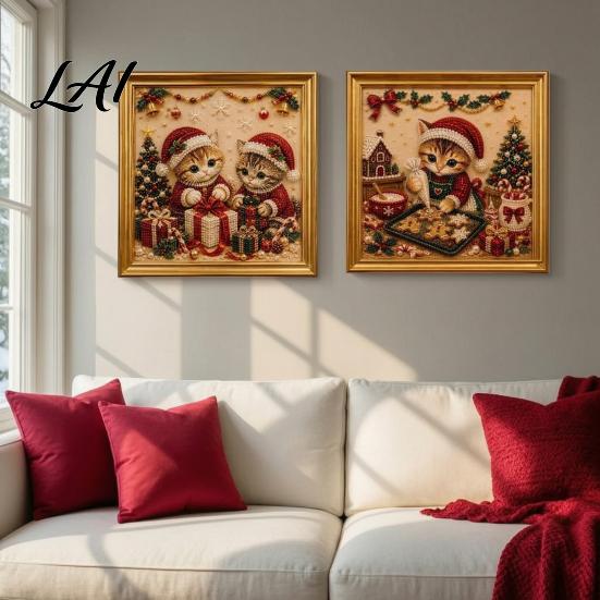 Relaxing Handmade Faux Pearl Sets Christmas Cat Art Kit with Frame Kitty Painting DIY Decorative Supplies Kit 3D Bead Wall Craft for Adults