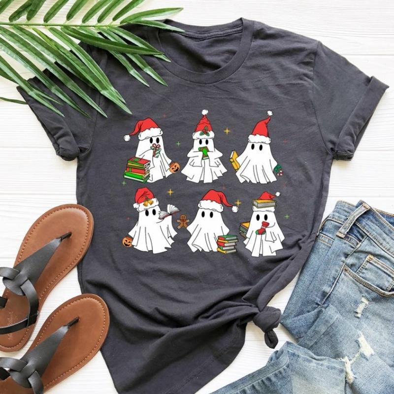 Christmas Ghost Book Cotton TShirt Lover Gift for Worm Bookish Read More Book Book Nerd Breathable Soft Simple Women Clothes