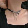 Women Chokder with Butterfly Charm Faux Pearl Hollow Chain Tassel Decor Punk Dark Style Club Party Necklace Faux Leather Adjustable Necklace