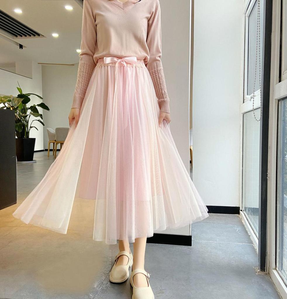 Qooth Women 7 Color Block Bow Tulle Ball Gown Skirt Elegant High Waist Fairy Mesh A-line Skirt For Spring Summer QT2127