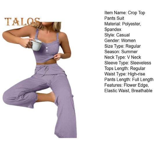 2 шт./компл., женский укороченный топ, брюки, костюм с цветочным краем, V-образным вырезом, эластичный комплект с высокой талией, однотонный эластичный камзол без рукавов, комплект длинных брюк