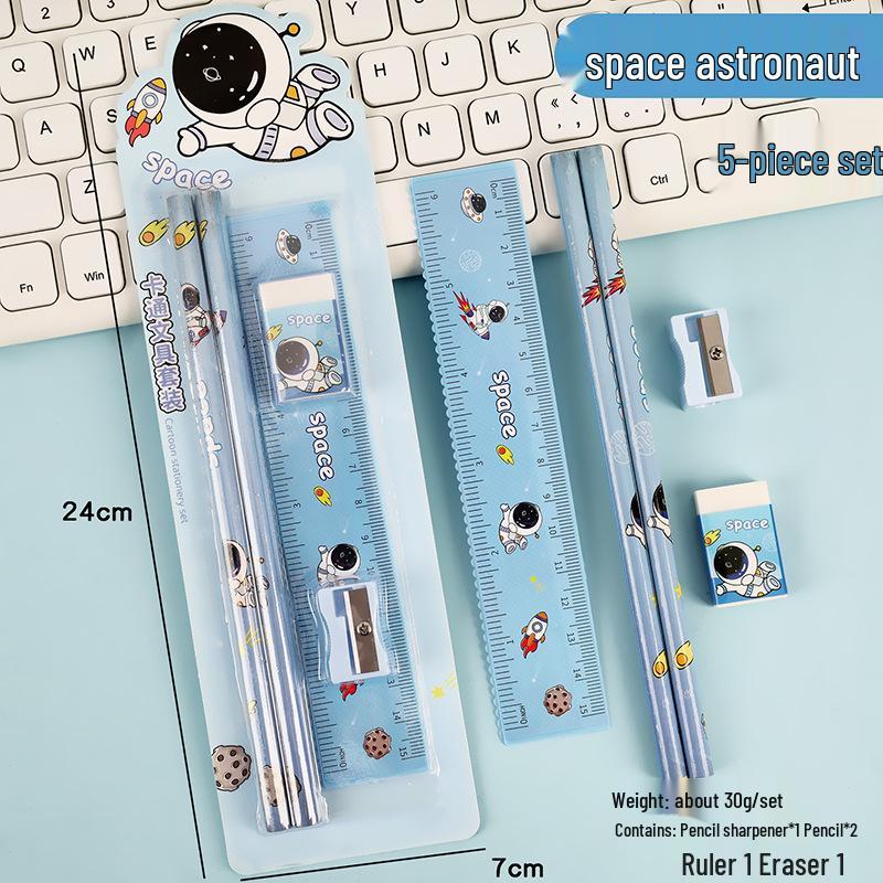 Cartoon Pencil Set with Ruler, Eraser, and Sharpener for Primary Students