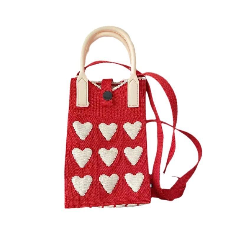 Women Cartoon Knitted Handheld Outdoor Crossbody Bag Leisure Cute Inclined Shoulder Bags Snap Button Mobile Phone Bags