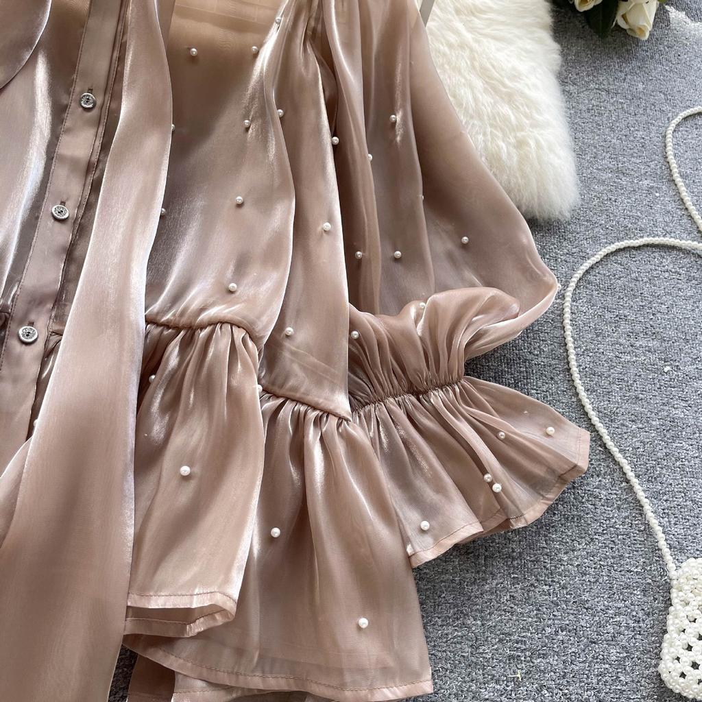 Premium Sense of Niche Design Sense Beading Bow Flare Sleeve Shirt Autumn Women's Clothing Celebrity Temperament Shirt