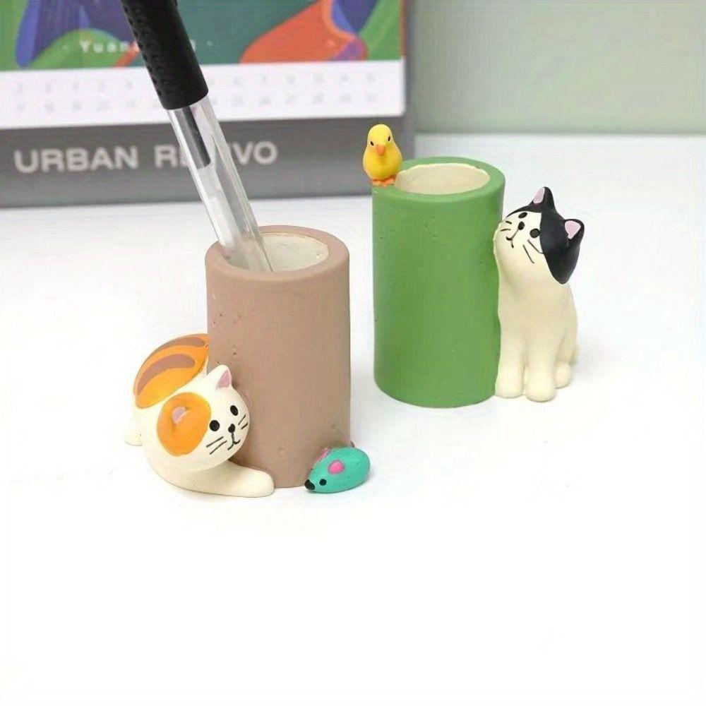 Cat Ornaments Single Pencil Holder Cute Cat And Mouse Pencil Stand Container  Office Stationery