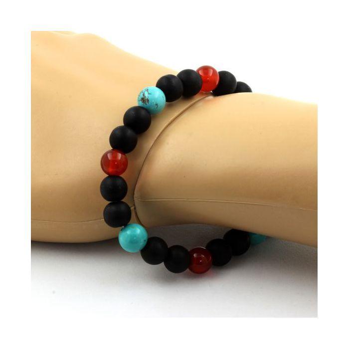 Pierres et Minéraux. Bracelet Perles Agate Rouge + Turquoise + Onyx noir mat 8 mm. Fabriqué en France.