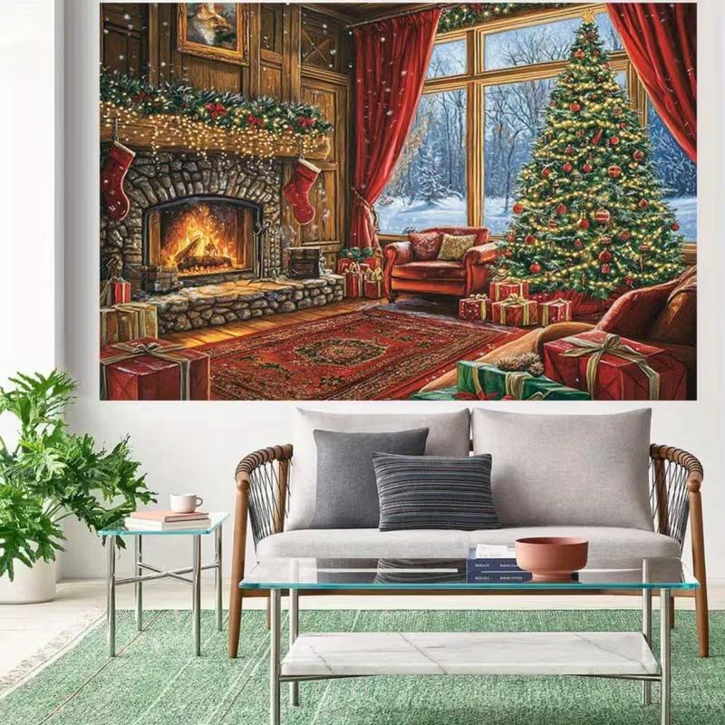 2D Warm Christmas Fireplace Backdrop Cozy Home Photography Background