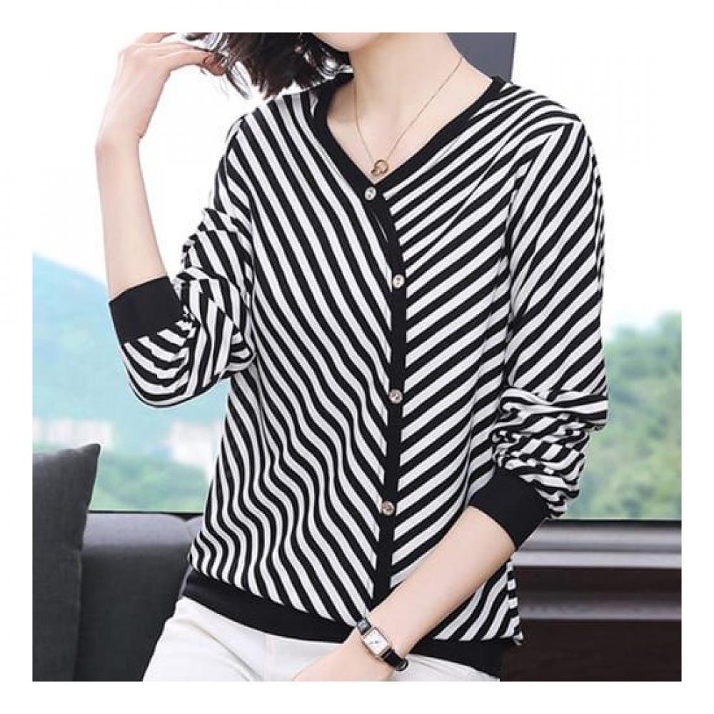 NaVaVa NT1407 Long SleeVe STripe BuTTon V Neck T shirT