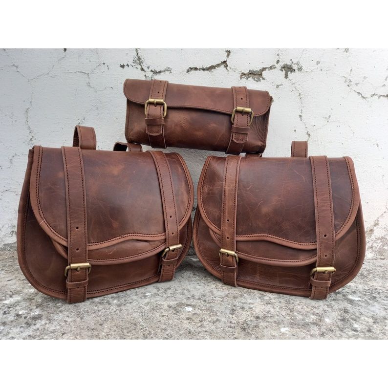 Кожаная сумка-седло, мотоциклетная сумка, коричневая сумка-кофра 3, велосипедная сумка из кожи буйвола, сумка ручной работы, набор из 3 мотоциклетных сумок