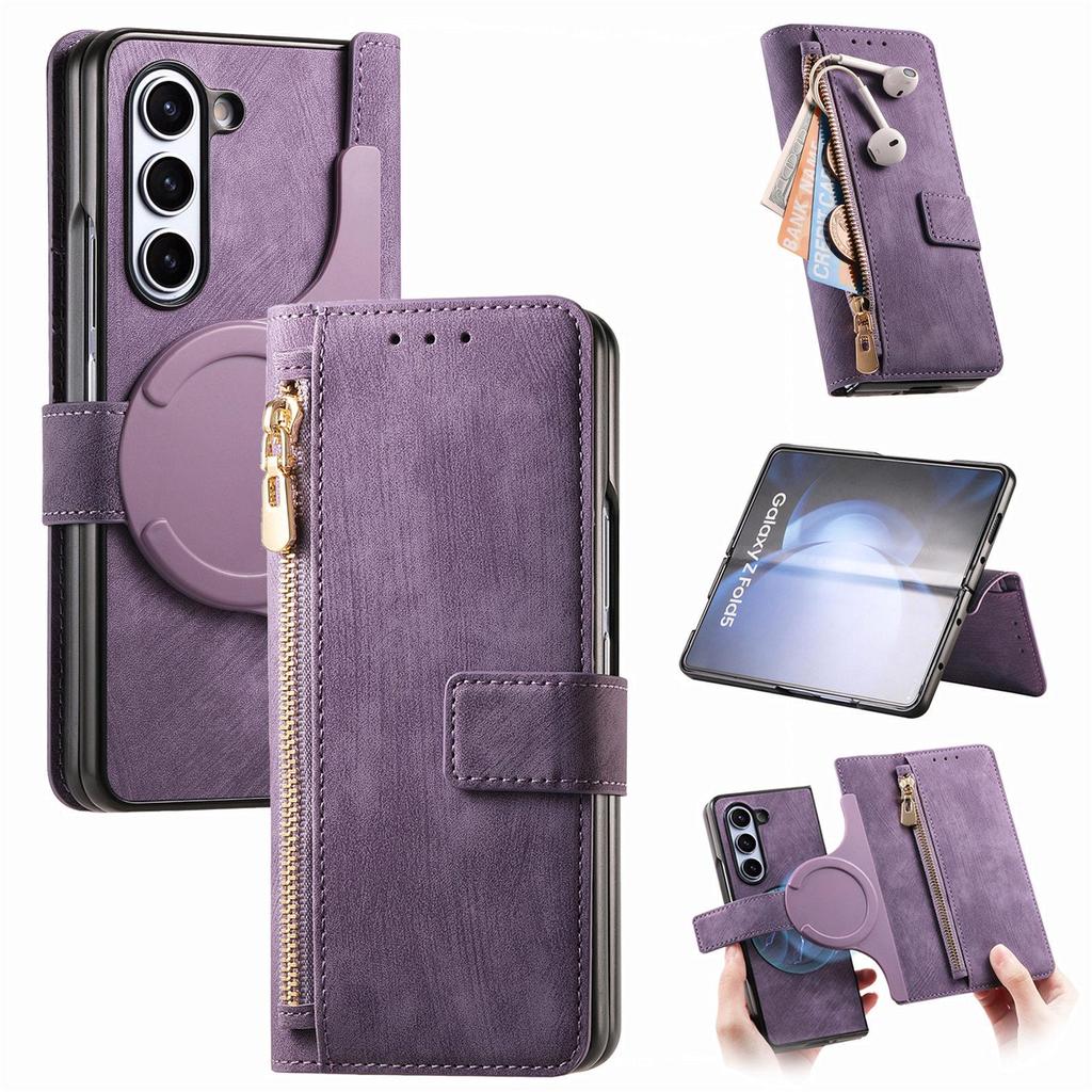 Ретро кожаный чехол на магните с молнией для Samsung ZFold 7/6/5/4/3 со слотом для карты