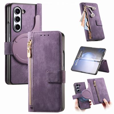 Ретро кожаный чехол на магните с молнией для Samsung ZFold 7/6/5/4/3 со слотом для карты