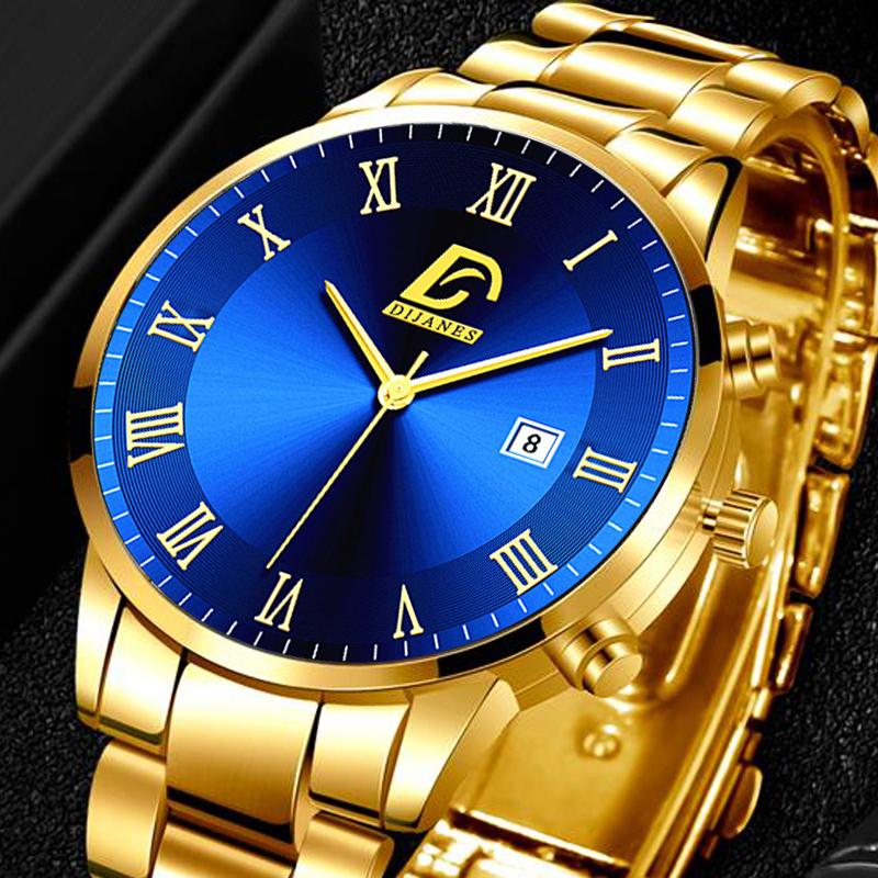 Fashion Mens Gold Stainless Steel Watches Men Business Casual Watch Luxury Calendar Quartz Wristwatch