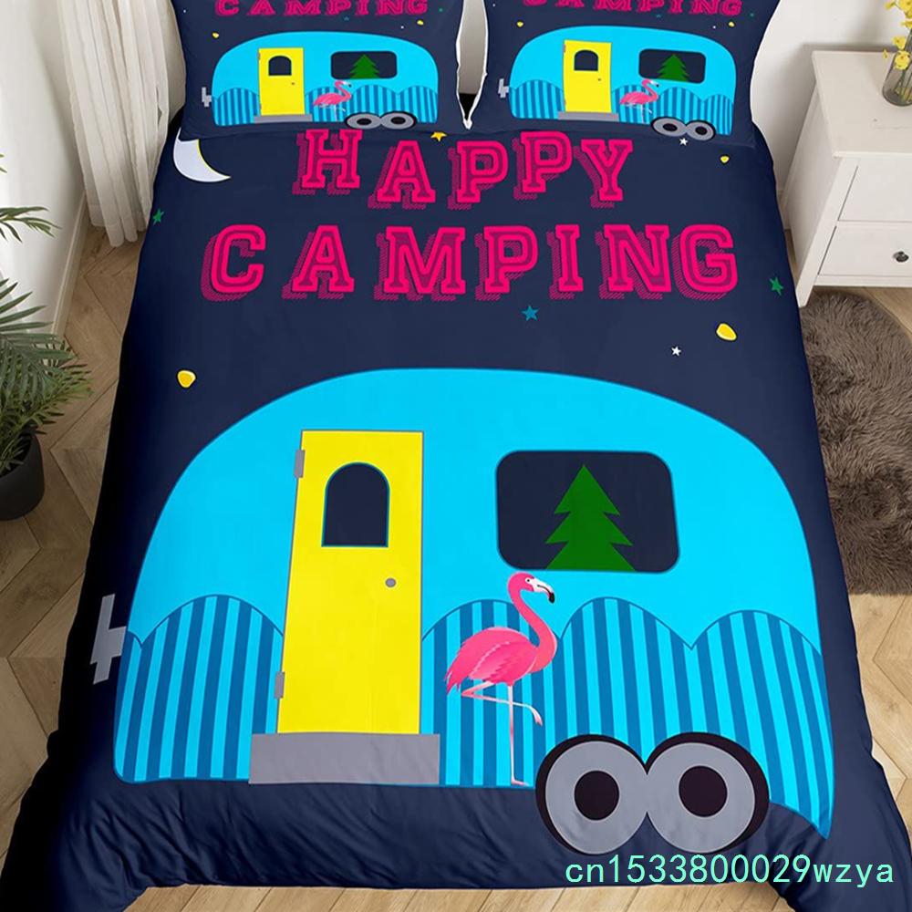 Пододеяльник Happy Camping Camper Комплект постельного белья Plants Outdoor Travel Adventure Одеяло Cover Camper Car Blue Sky Quilt Cover