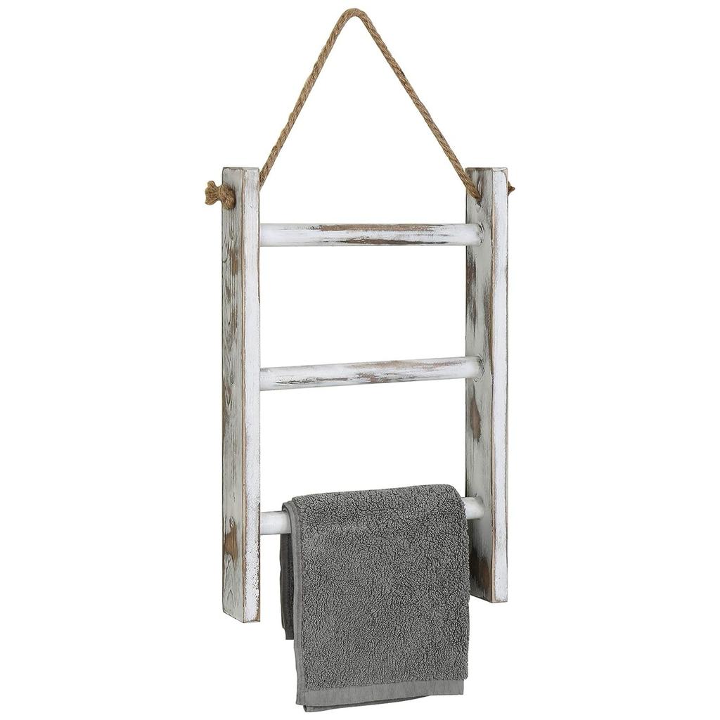 Деревянная 3-ярусная полка-лестница в деревенском французском стиле - Настенная вешалка для полотенец и шарфов с натуральной джутовой веревкой