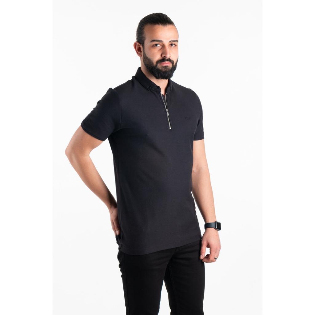 Мужская черная футболка с воротником-поло с молнией и деталями