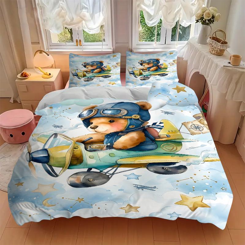 Bear Pilot Adventure Sky Print 3Pcs Bedding Setduvet Cover With 2 Bedropillowcase Home Birthday Gift