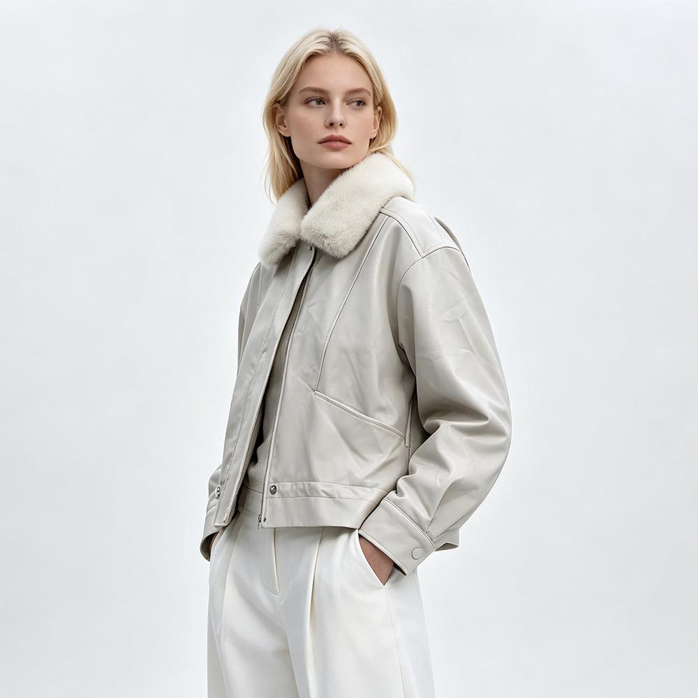 Minimalist autumn and winter wear with plush collar short fur integrated coat women's daily commuter leather jacket jacket