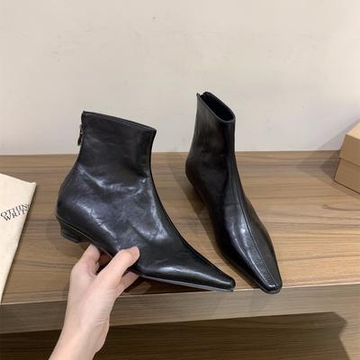 Ботильоны женские на толстом каблуке с острым носком тонкие коричневые короткие ботинки 2025 новый темперамент с юбкой осень и зима французские маленькие ботильоны