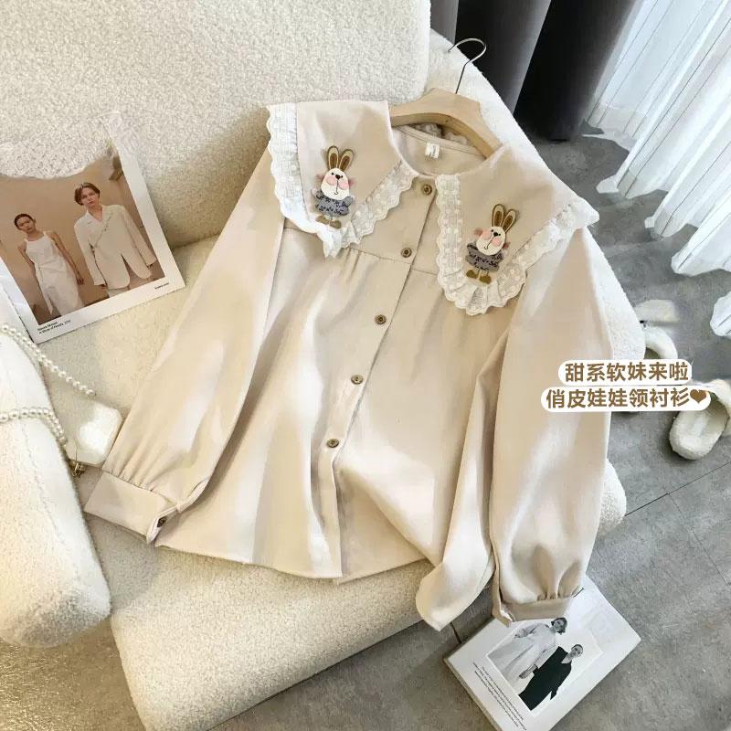 Модные винтажные блузки с воротником Питер Пэн, оборками, нашивками в виде кролика из мультфильма, рубашки, осенний стиль преппи, универсальная одежда для девочек