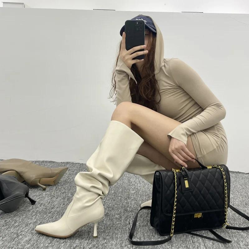 Вечеринка Современные Женские Сапоги до Колена Модный Плиссированный Западный Стиль Женские Длинные Сапоги Обувь Женские Туфли на Каблуке Обувь