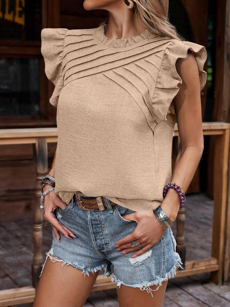 Hundred Fold Shoulder Ruffle Sleeves Solid Color Top Short Sleeved T-shirt Women's Clothing
