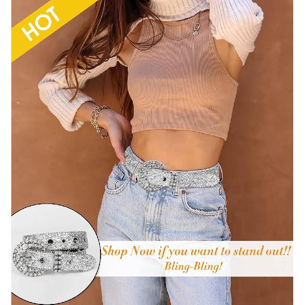 Womens Rhinestones Studded Belts Bling Diamond Cowgirl Belt for Jeans | Bling Cowboy Waist Belt for Dresses Fit for 27"-39", Rhinestone and Western