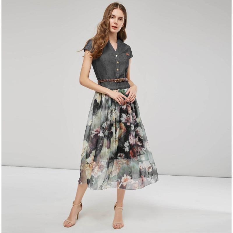 Женские летние джинсовые облегающие платья миди с v-образным вырезом и принтом