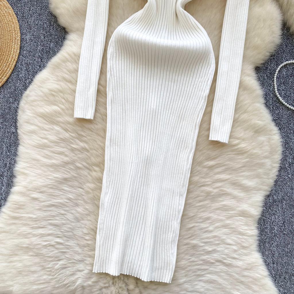 Autumn Winter Women Knitted Dresses 2024 Vintage Patchwork Striped Long Sleeve Bodycon Sexy Chic Long Dress