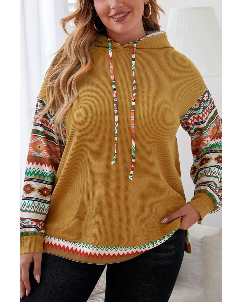 Azura Exchange Camel Aztec Patchwork Sleeve Waffle Drawstring Plus Hoodie