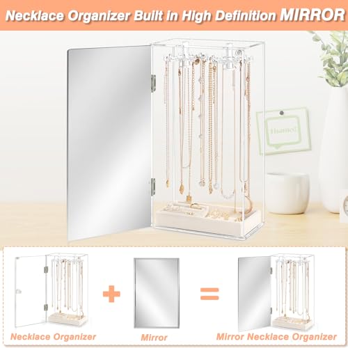 Jenseits Necklace Organizer with Mirror, Acrylic Necklace Holder Organizer w/Velvet Tray, 24 Hooks Jewelry Organizer Holder Storage Stand, Ring Earri