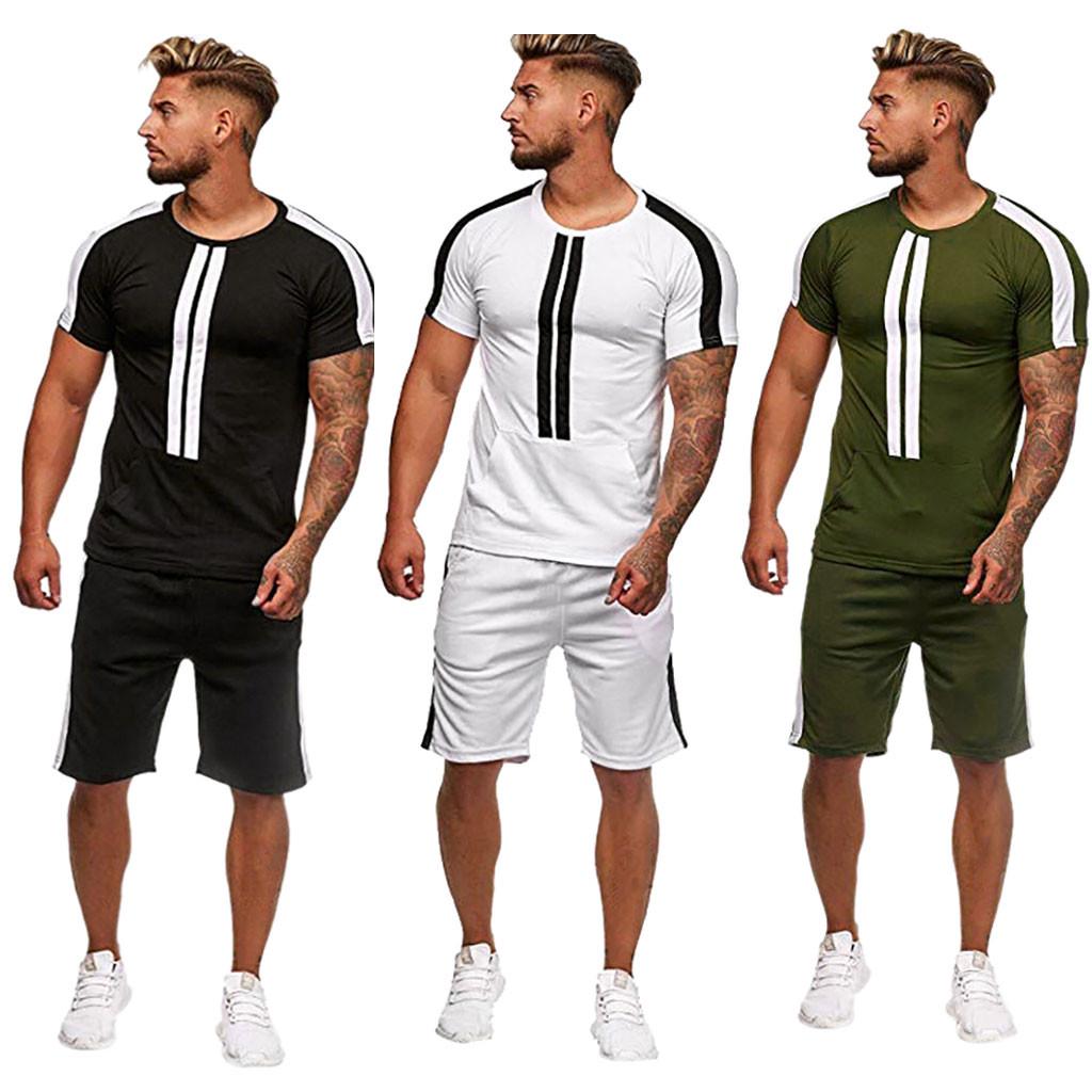 Mens Summer Leisure Stripe Color Collision Short Sleeve Shorts Sports Thin Sets
