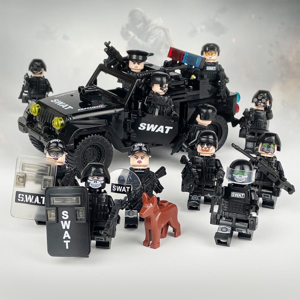 Упаковка Детская сборная игрушка-конструктор X014 Аксессуары Шина Черная полицейская машина Пикап
