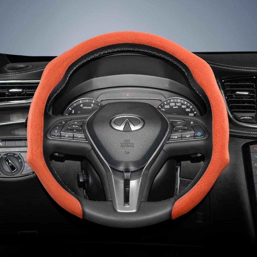 bpzsw1 Suitable for Infiniti Premium Suede Snap-On Steering Wheel Cover, Non-Slip and Durable, Available for Round and D-Shaped