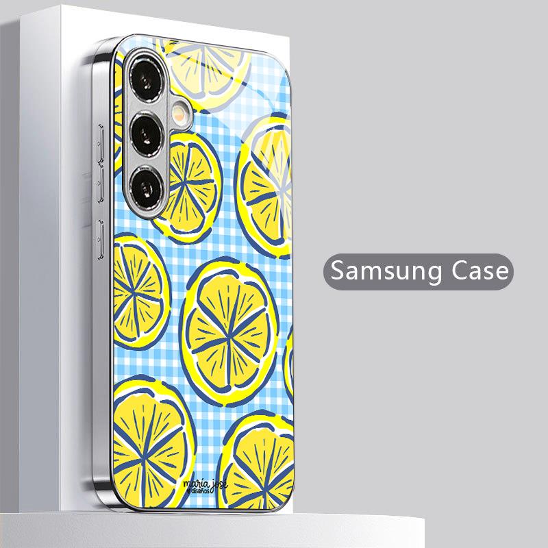 Клетчатый чехол для телефона с рисунком лимонов, 2D, для Samsung S26 S25 S24 S23 S22 S21 S20 A56 A36 A16 - Гальванизированная стеклянная защитная крышка