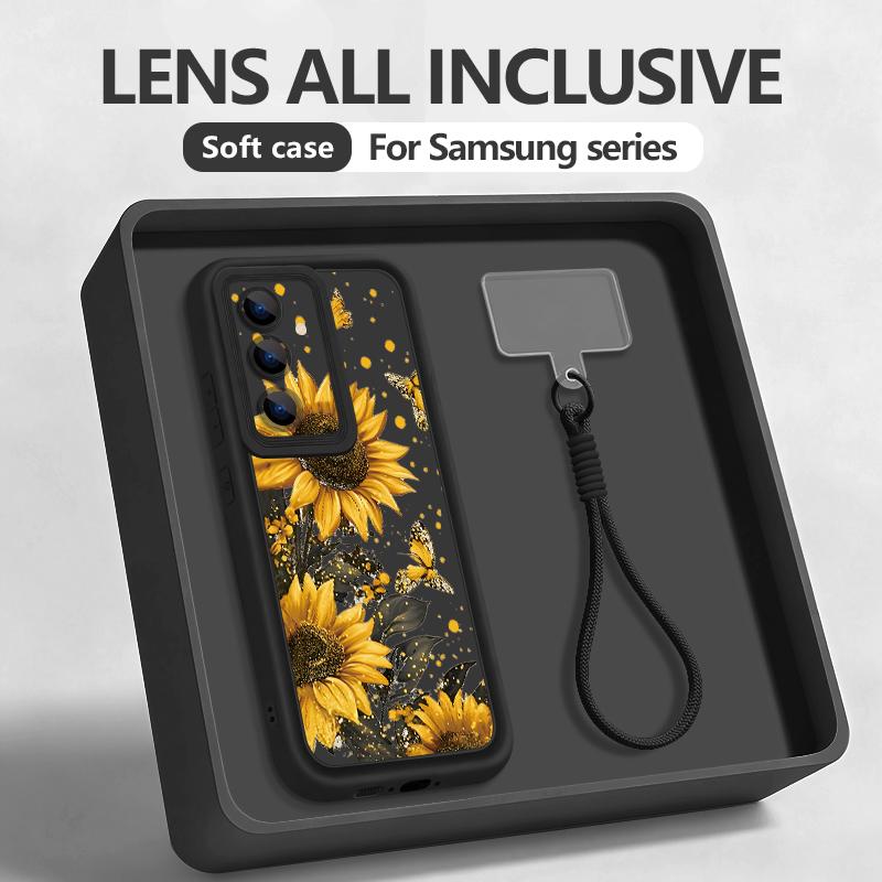 Чехол с цветочным узором подсолнуха и ремешком для руки для Samsung S26 S25 Ultra S24 FE S23 Plus S22 S21 A15 A16 A17 A35 A36 A37 A54 A55 A56 A57 5G Защитный бампер