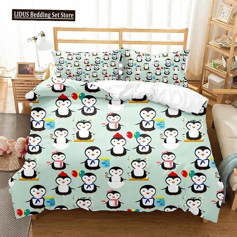 Cartoon Penguin Duvet Cover Collection For Boys Girl Animated Antarctic Animal Polyester Quilt Cover White Black King Queen Size