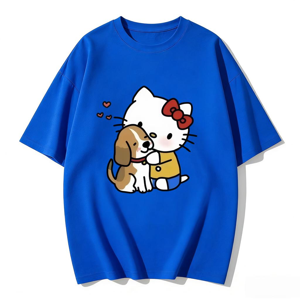 2026 Summer Hello Kitty Cartoon Printed Short Sleeve Pure Cotton Tshirts Womens Family Matching Outfits Versatile Y2k Tops Tee
