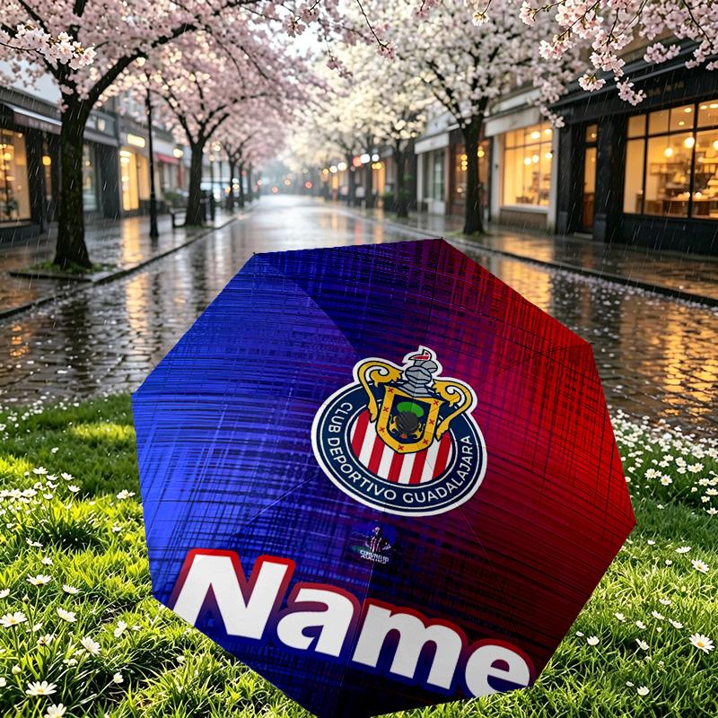Custom Name Personalized Club Deportivo Guadalajara Print Umbrella, Auto Open Close, 8‑Rib Sturdy Frame, Commute Camping Hiking Use, Birthday Gift
