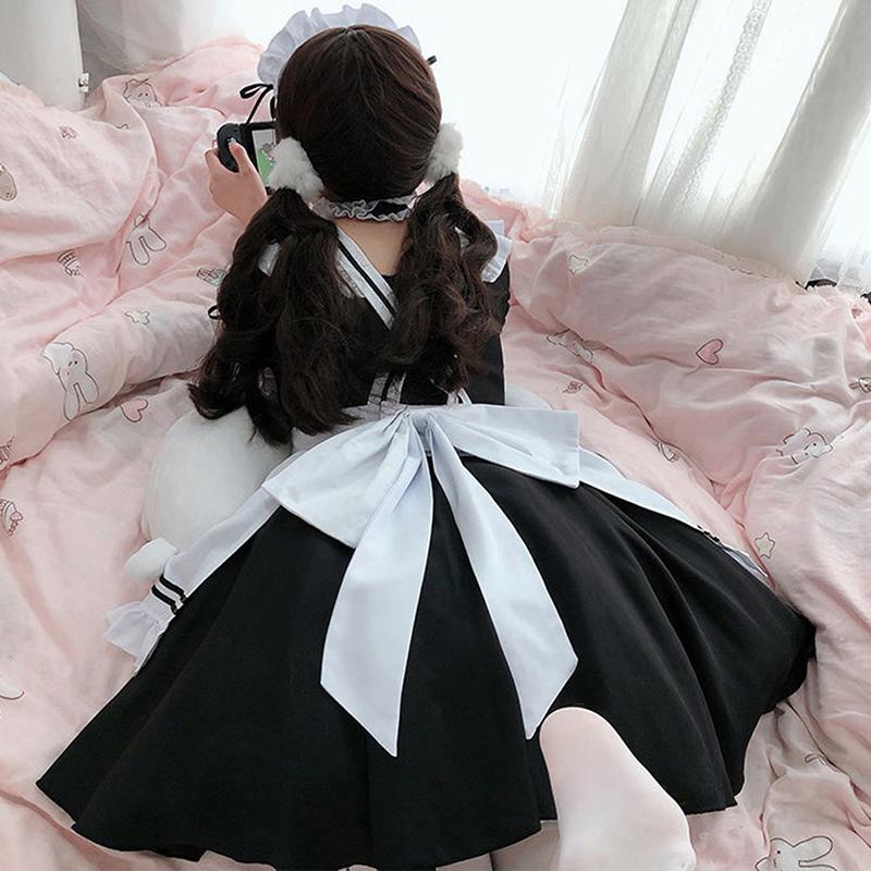 Black Cute Lolita Maid Costumes Girls Women Lovely Maid Cosplay Costume Dress