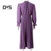 Women Fall Spring Dress Dot Print Pleated High Tight Waist Long Sleeve Shirring Collar Lace Up V Neck Mid Calf Length Lady Midi Dress