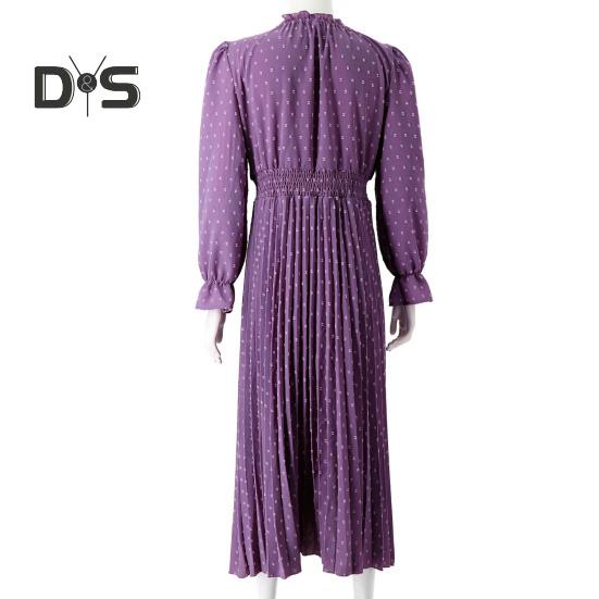 Women Fall Spring Dress Dot Print Pleated High Tight Waist Long Sleeve Shirring Collar Lace Up V Neck Mid Calf Length Lady Midi Dress