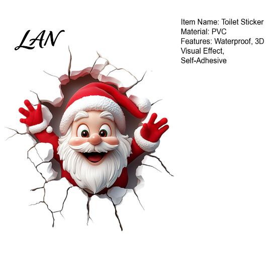 Holiday Window Clings Christmas Toilet Sticker, Funny Santa Claus Lid Tank Cute Ornaments Self-Adhesive 3D Hole Waterproof PVC Decal for Bathroom