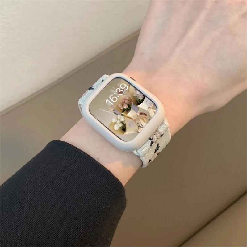 Ретро Цветочный Ремешок+Чехол Для Apple Watch Band 49мм 40 44 45 41 38 42мм Эластичный Нейлоновый Ремешок Для iWatch Serie 3 4 5 6 SE 7 8 9 Ultra