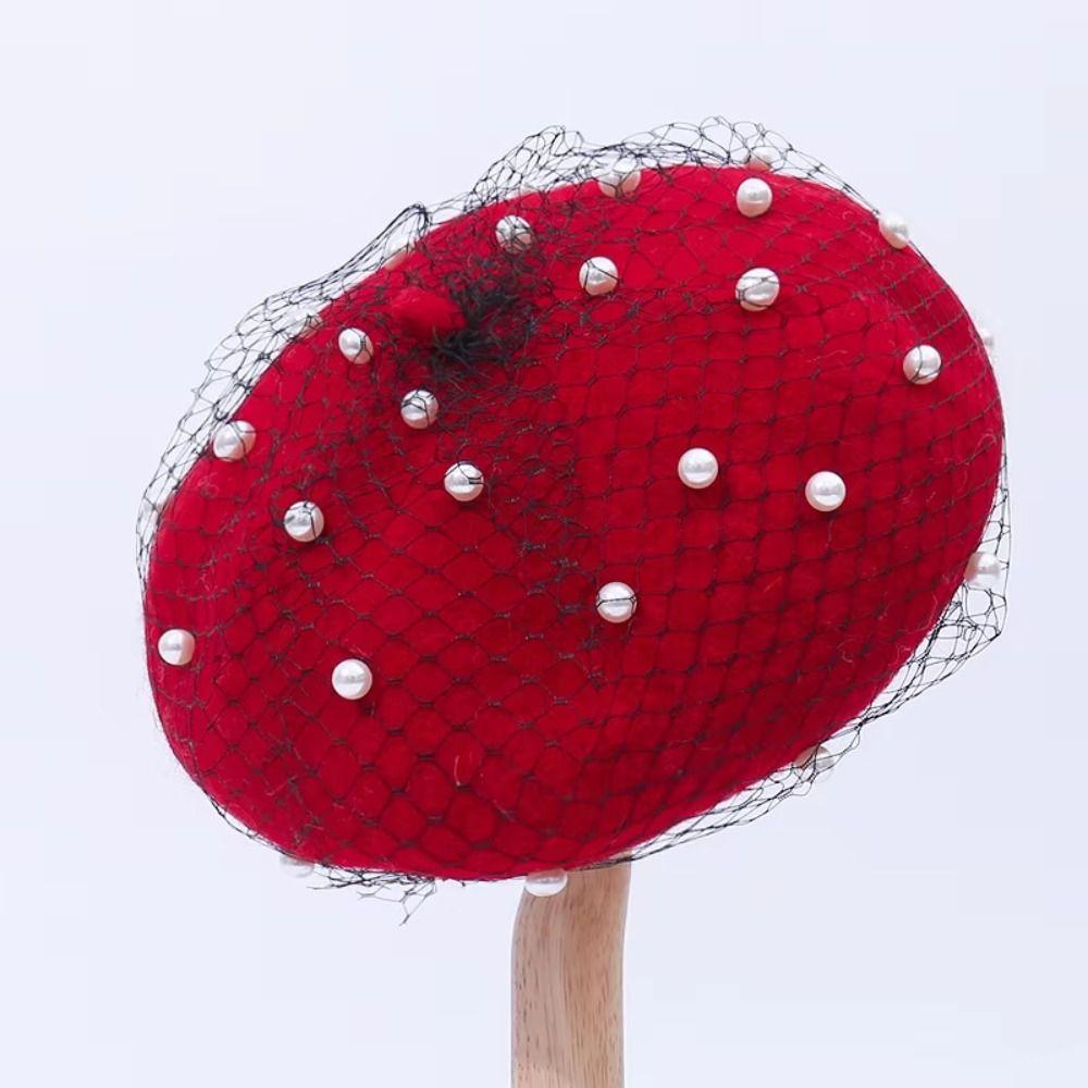 Берет из жемчужной шерсти для женщин с сетчатой вуалью Шапки-бини Тыквенная шляпа Шляпа художника Девушки