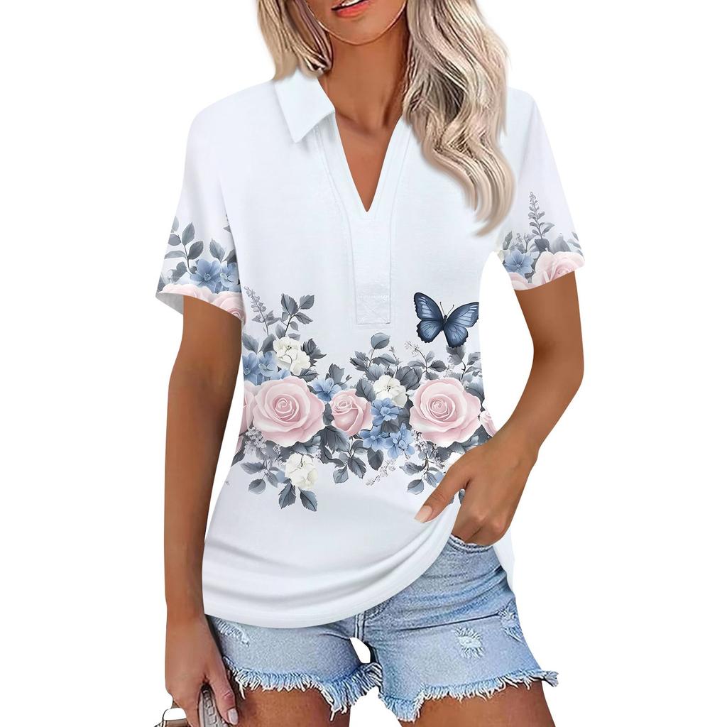 Женская мода повседневная рубашка с коротким рукавом и лацканами, женские топы с V-образным вырезом
