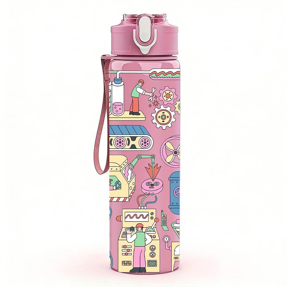 1PC Doodle Sticker Collage Cartoon Pattern 750ml Color Plastic Sports Water Bottle Leakproof Flip Straw Lid Suitable for Sports Office Home Use